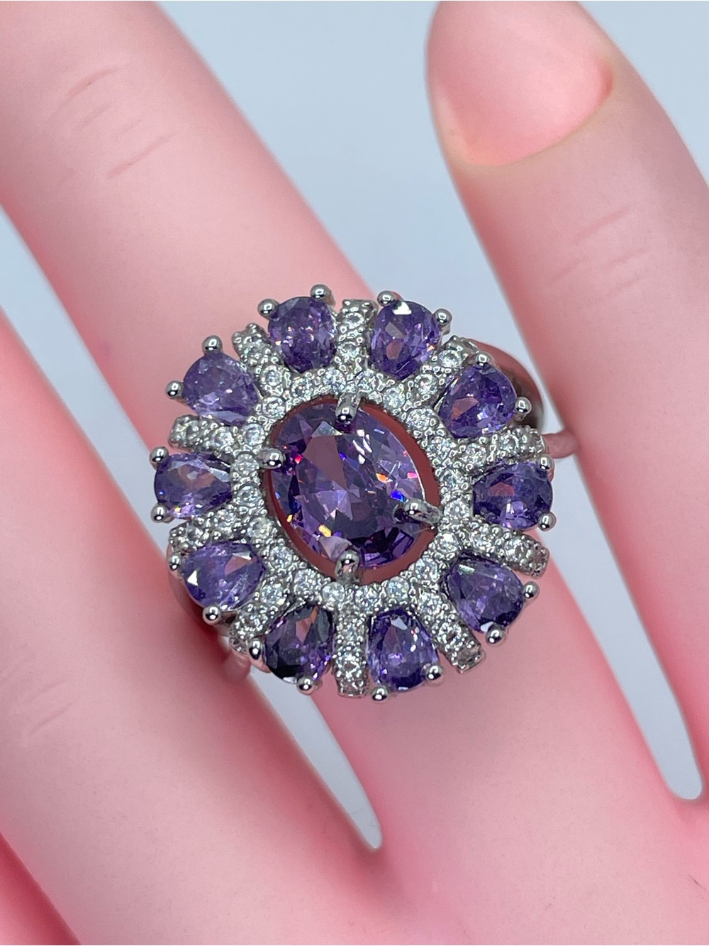 Exquisite Statement Purple Amethyst White Diamond CZ Silver Plated Boho Ring